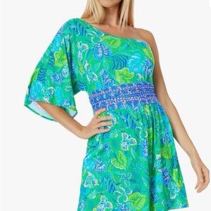 👀Lilly Pulitzer Niki One-Shoulder Romper- Botanical Green- Size 6🩷